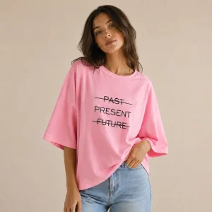 تیشرت لانگ زنانه قهوه‌ای موکا نخ پنبه طرح Past Present Future