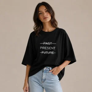تیشرت لانگ زنانه صورتی پاستلی نخ پنبه طرح Past Present Future