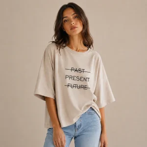 تیشرت لانگ زنانه آبی آسمانی نخ پنبه طرح Past Present Future