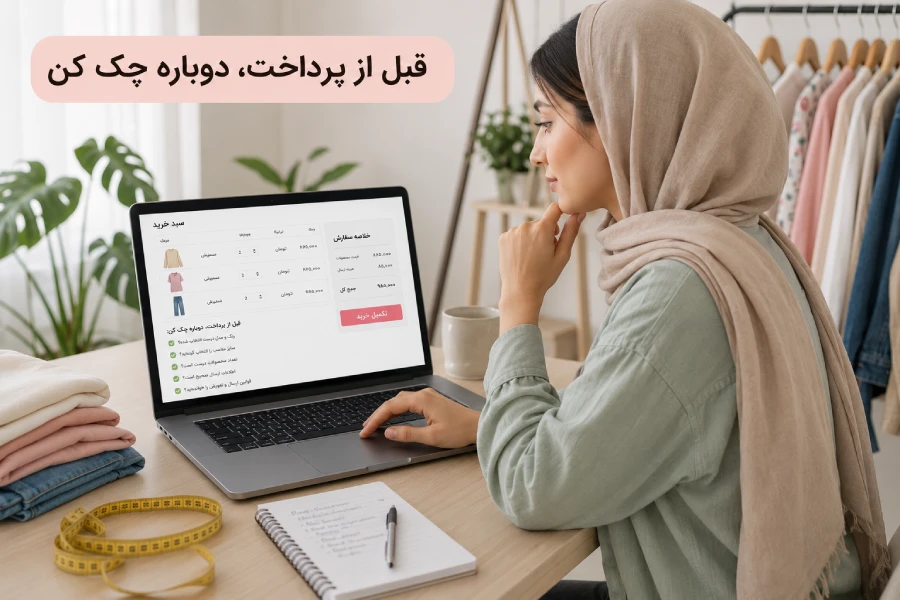بررسی سبد خرید و کنترل سایز و رنگ لباس قبل از پرداخت