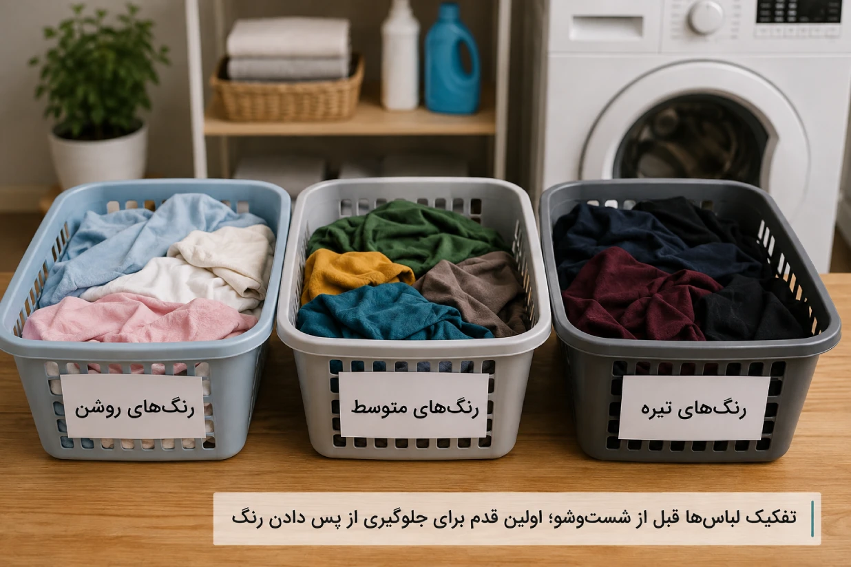 تفکیک لباسهای رنگی پیش از شستوشو برای کاهش رنگدهی