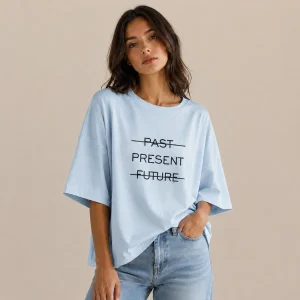 تیشرت لانگ زنانه سفید نخ پنبه طرح Past Present Future